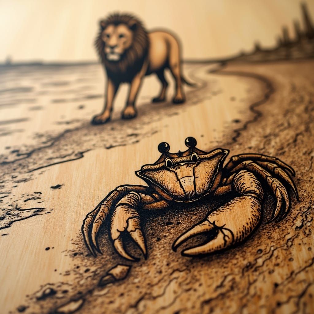 Wood Burned Crab and Lion Silhouette