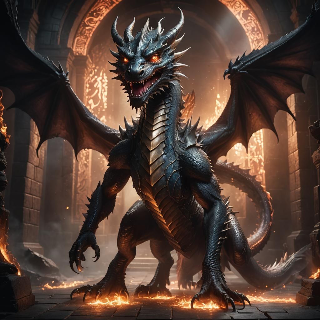 Female Dragon Emerges from Darkened Hall
