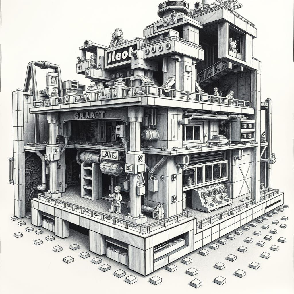 Intricately Crafted Lego Masterpiece in Charcoal Drawing Sty...