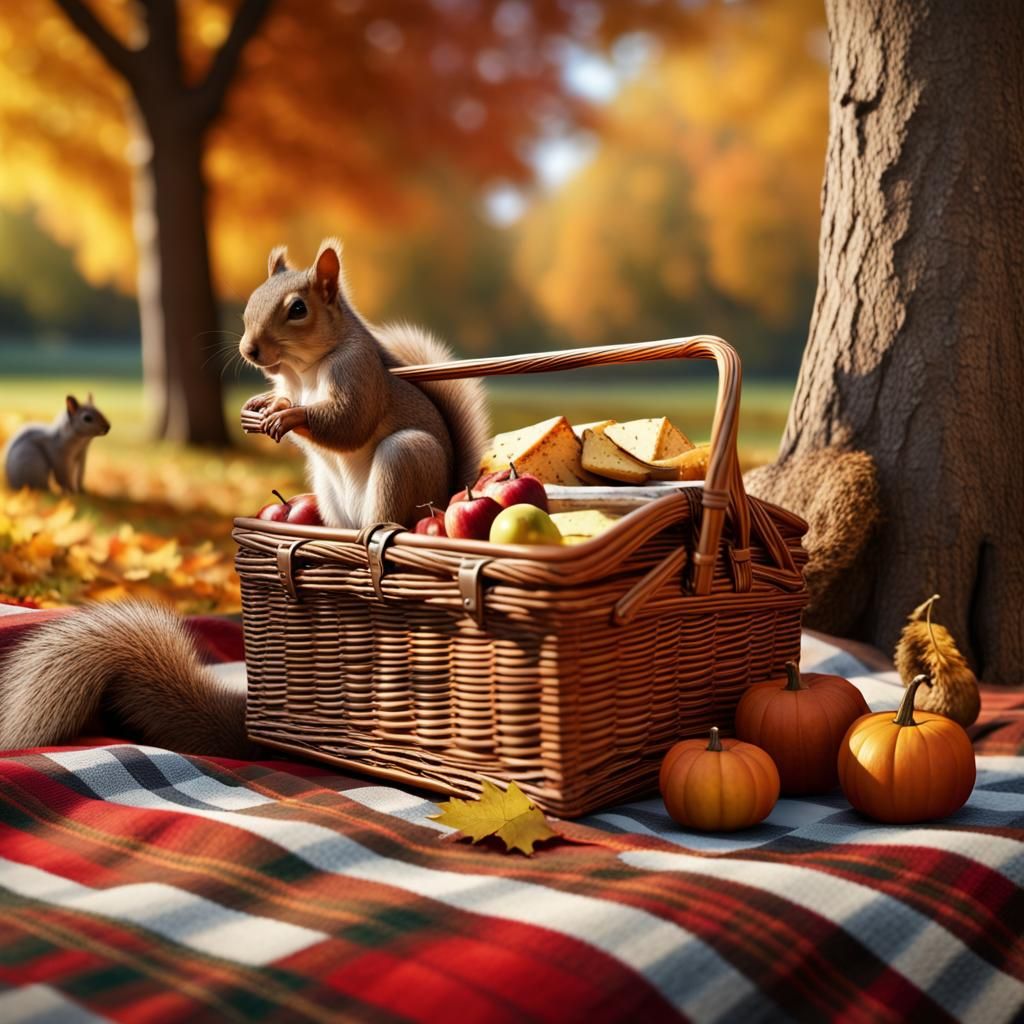 Autumn Picnic with Squirrel in Hyperrealistic Style