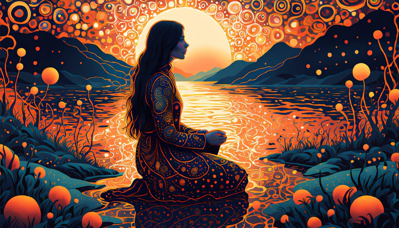 Surreal Sunset Goddess in Whimsical Folklore Landscape