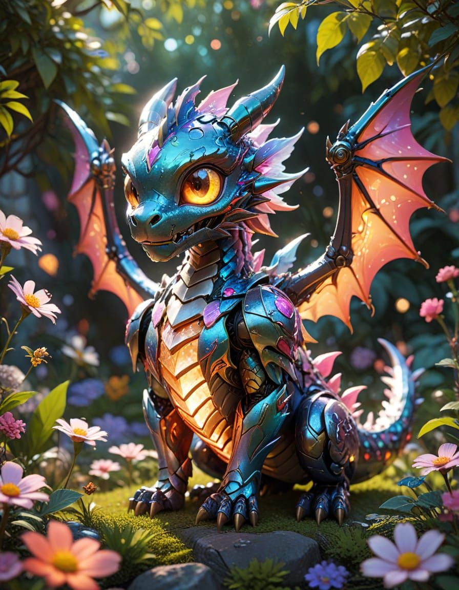 Cute Mecha Dragon in Anime Style Garden