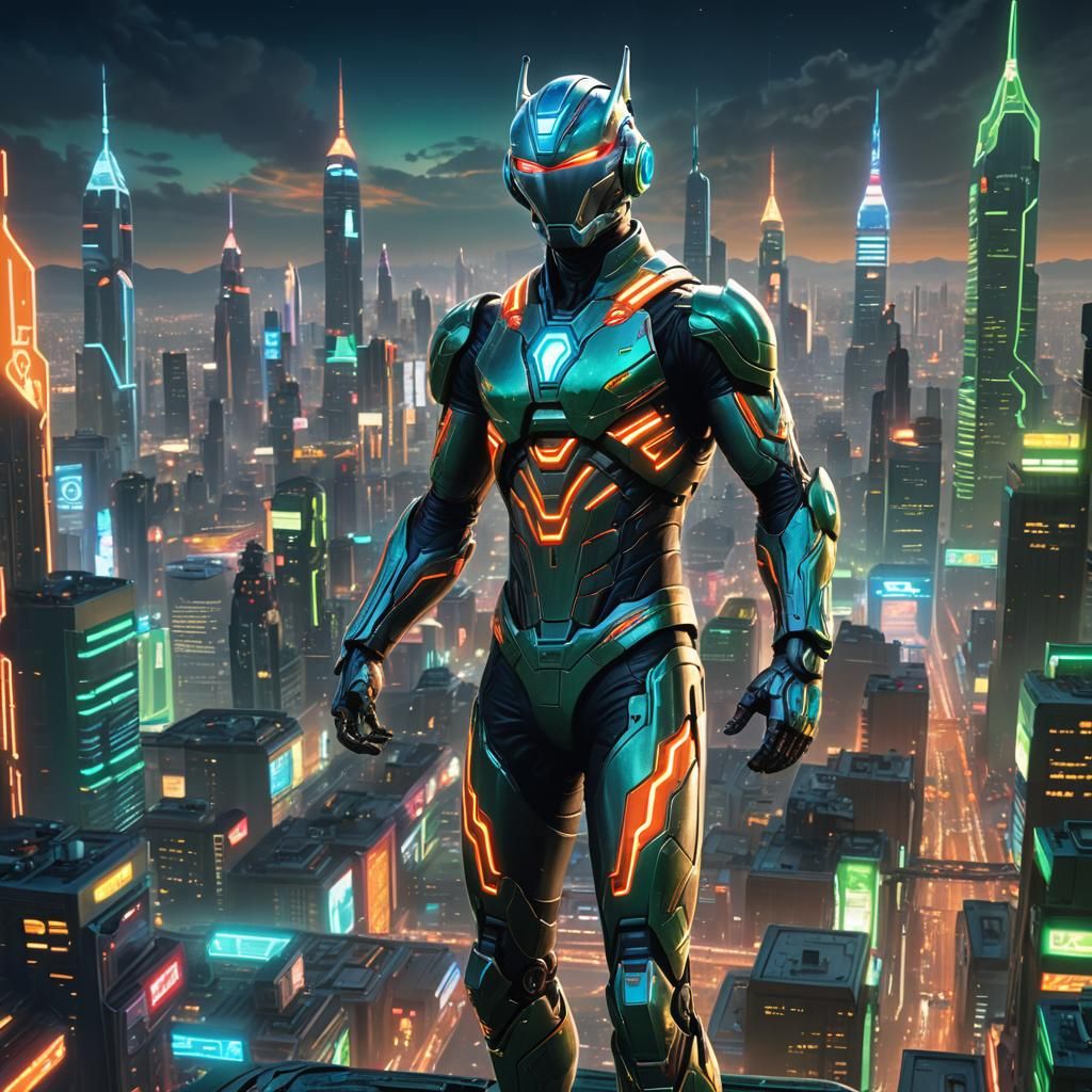 Ultraman in Cyberpunk Style Overlooking City