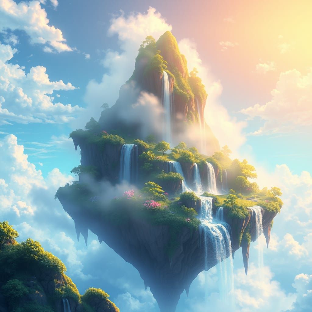 Floating Island with Waterfalls in Anime Style