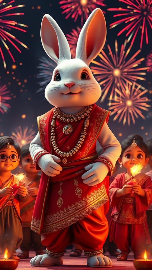Majestic Rabbit Man Celebrates Diwali in 3D Animation