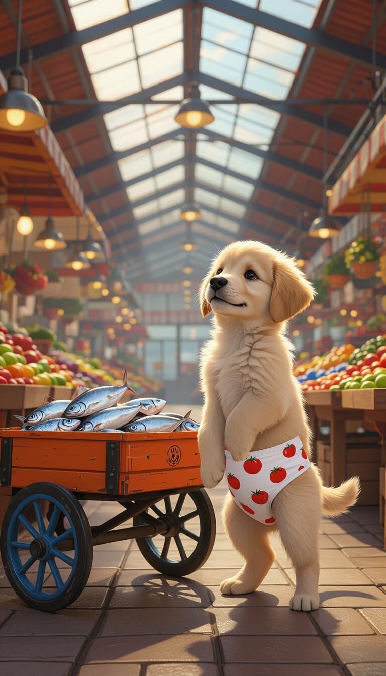 Golden Retriever Puppy in Market, Pixar Style