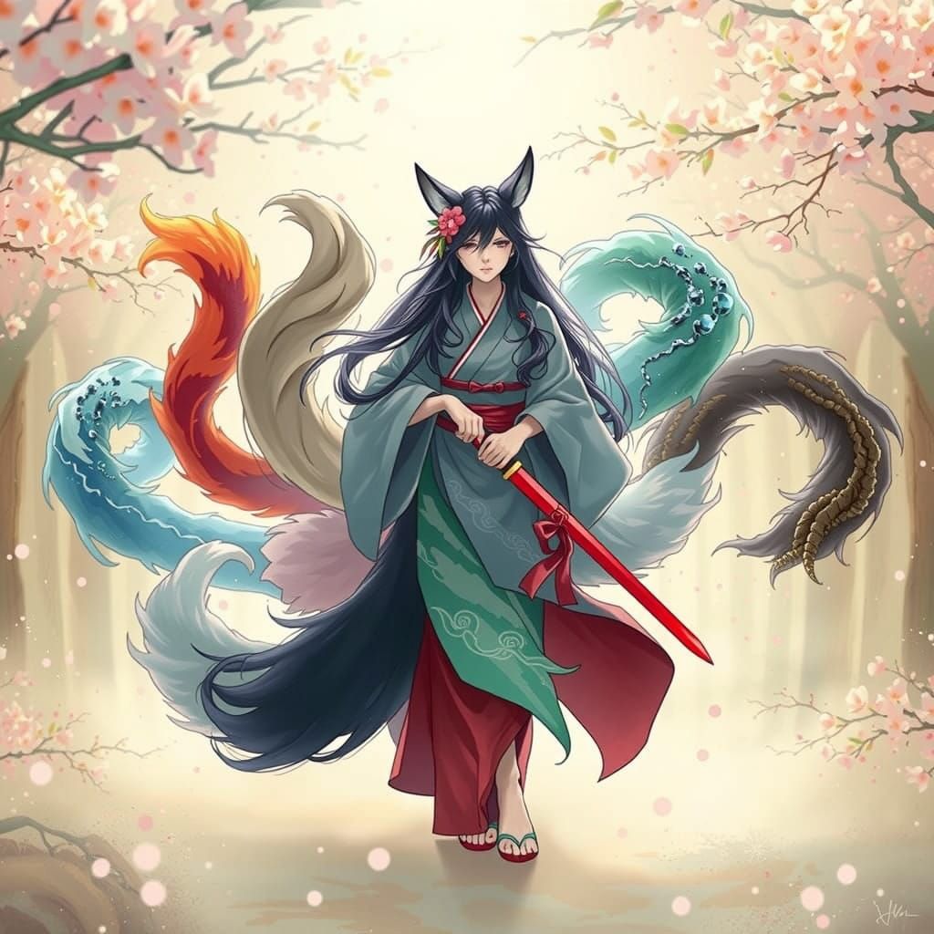 Mystical Kitsune Goddess in Vibrant Cherry Blossom Forest
