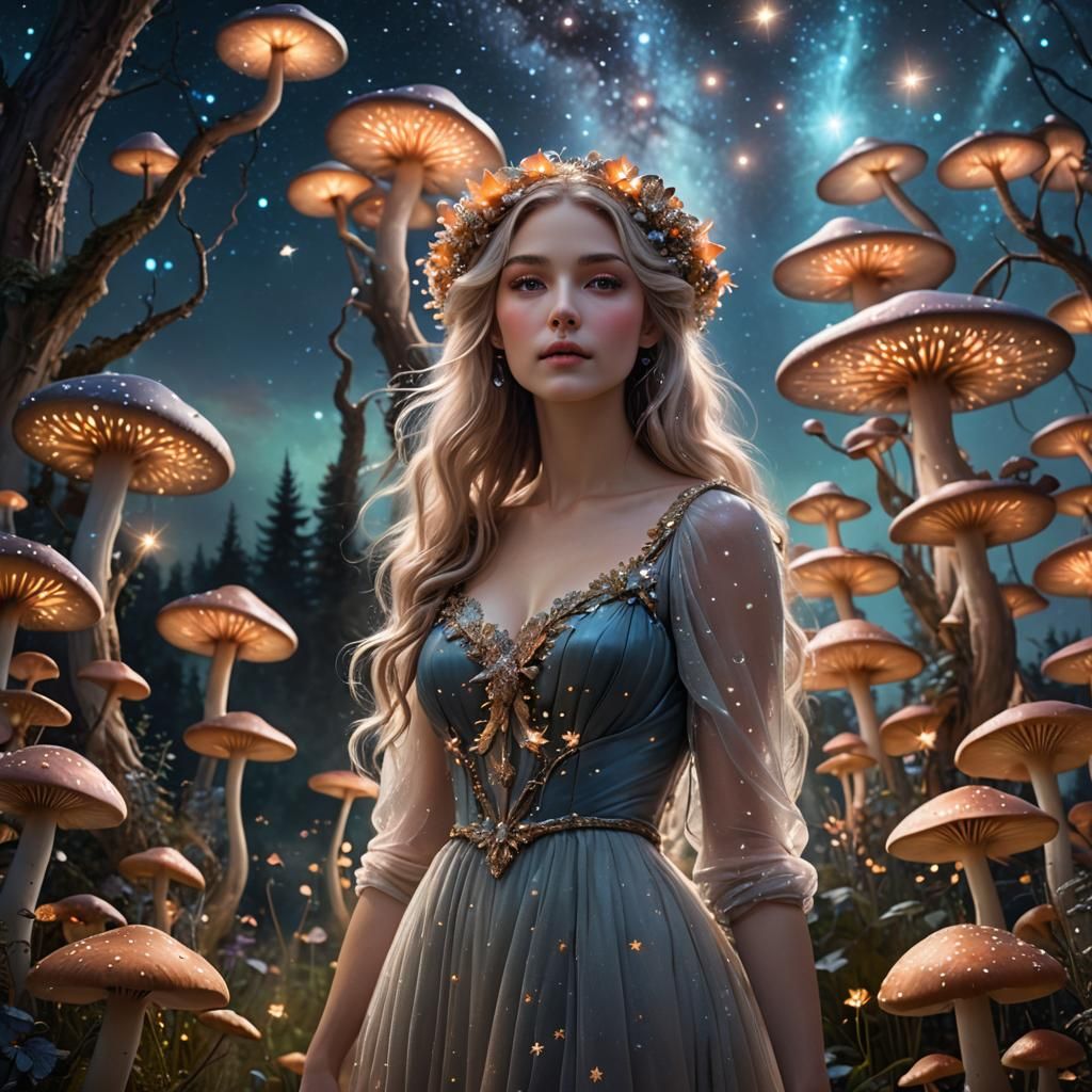 Celestial Woman in Starry Garden: Digital Art