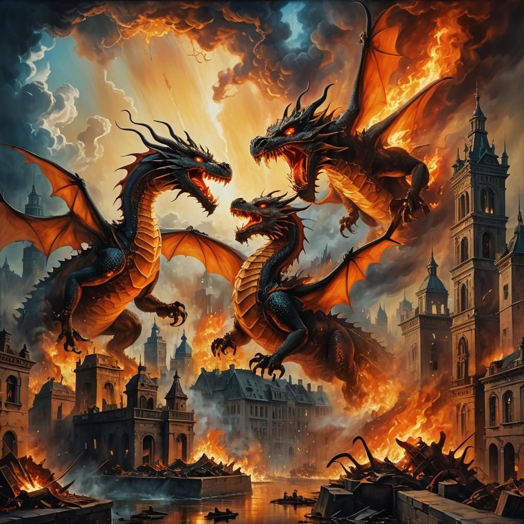Dragons Fight Over Burning City in Surreal Oil Painting