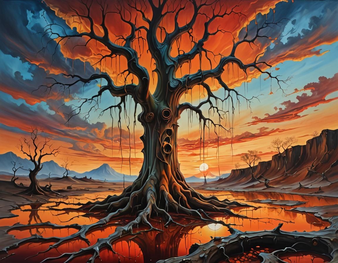 Surrealist Melting Tree in Dreamlike Landscape