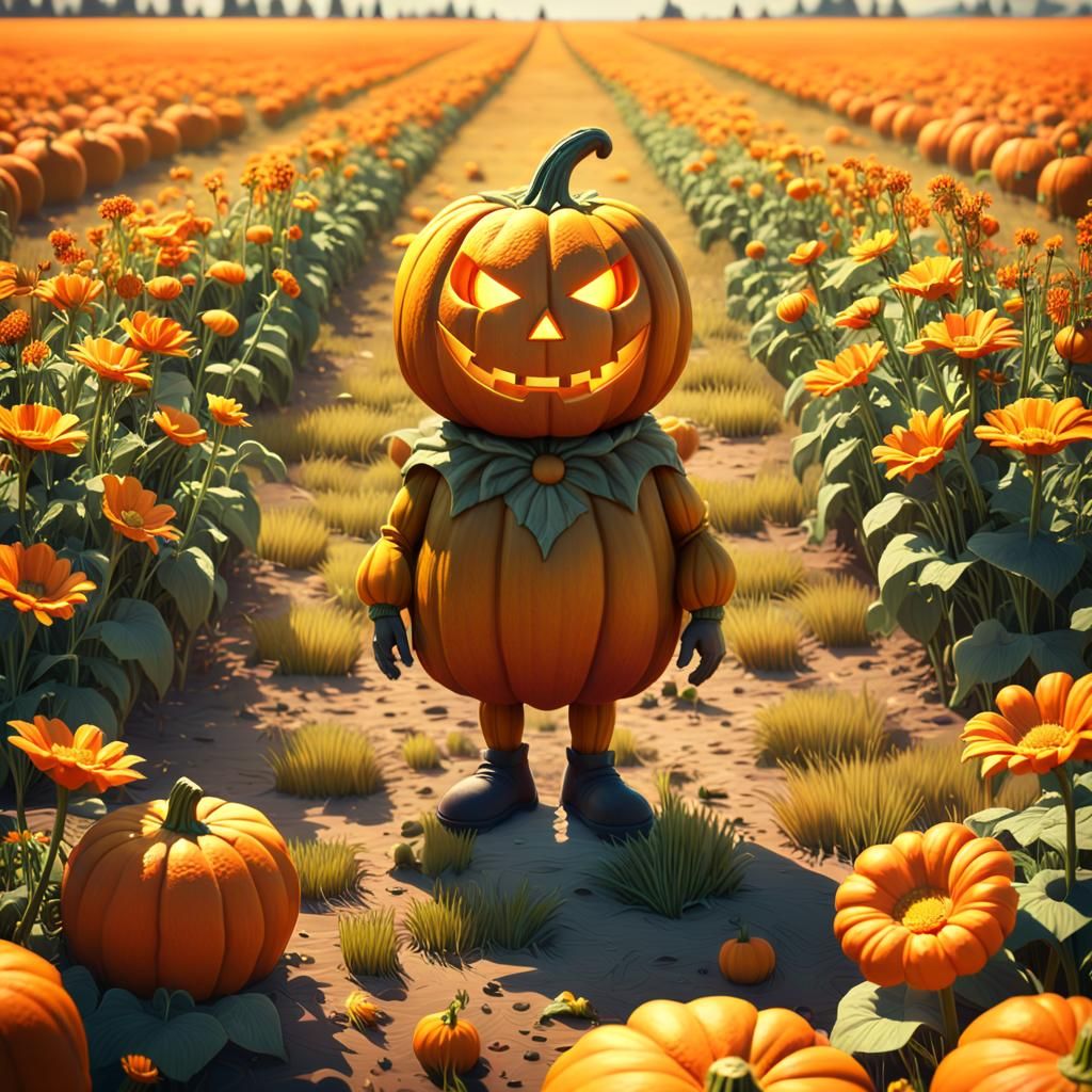 Mr. Pumpkin Head in a Flower Field, 3D Render