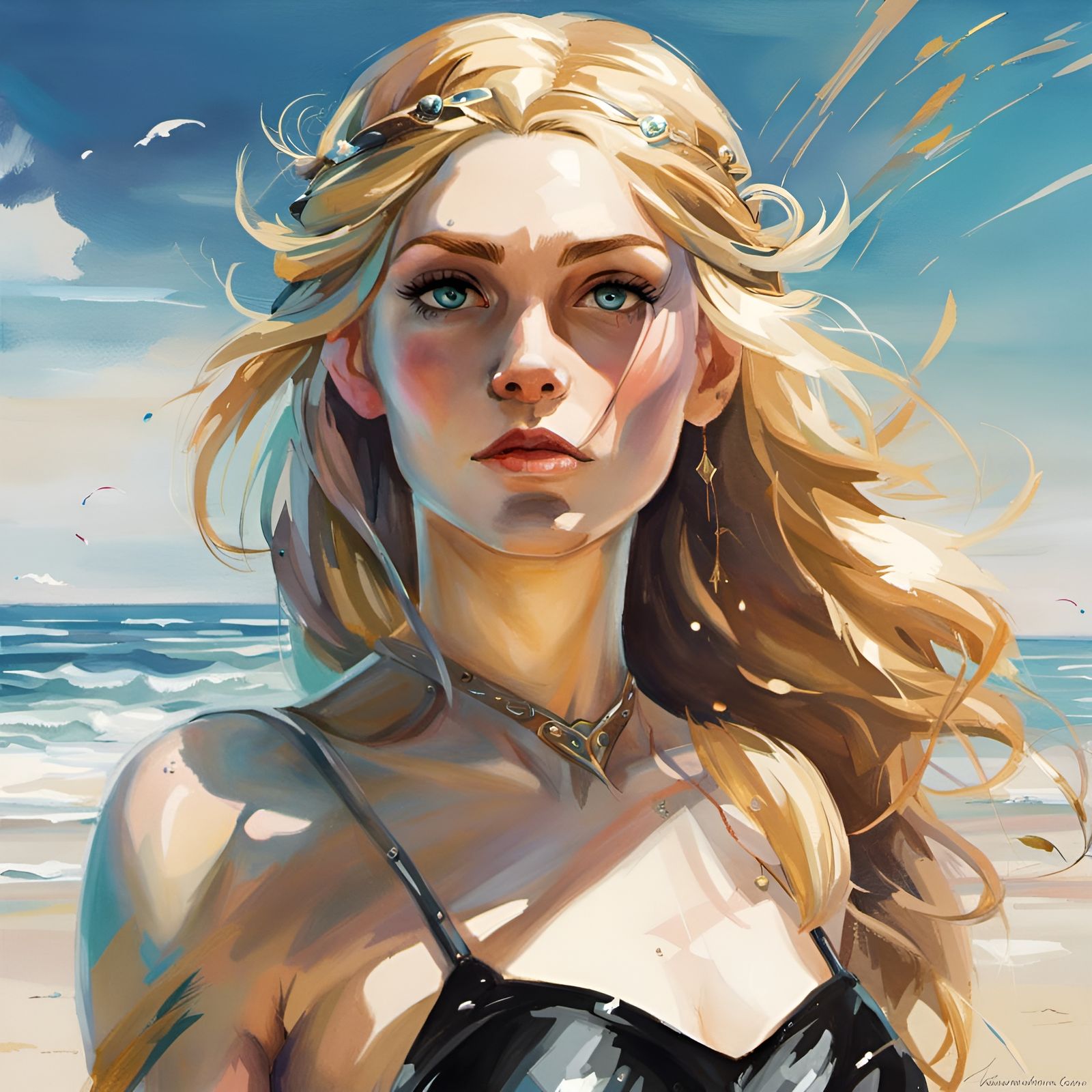 Princess Zelda Portrait on Sunny Beach, Art Style