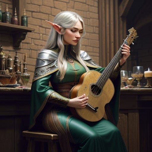 Half-Elf Bard Enchants Medieval Tavern with Vibrant Lute Per...