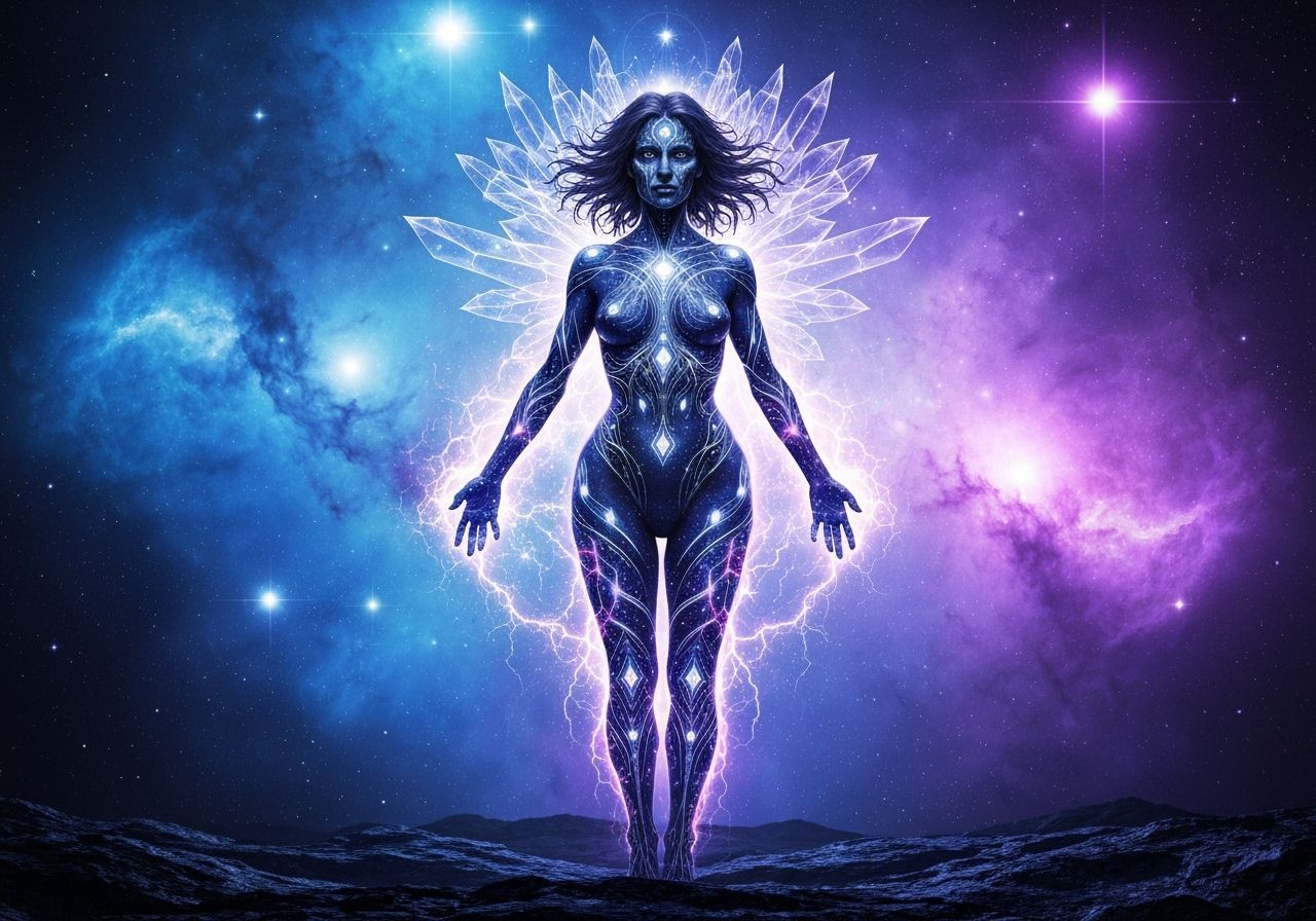 Cosmic Energy Woman in Swirling Nebulae