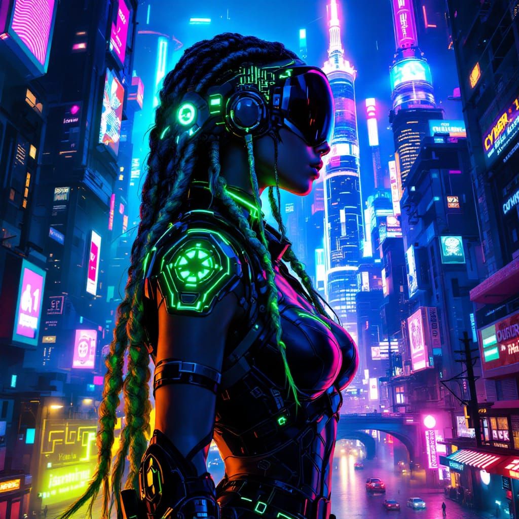 Cyberpunk Warrior in Dystopian Cityscape