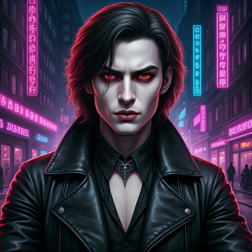 Gothic Vampire Influencer Captured in Neon City