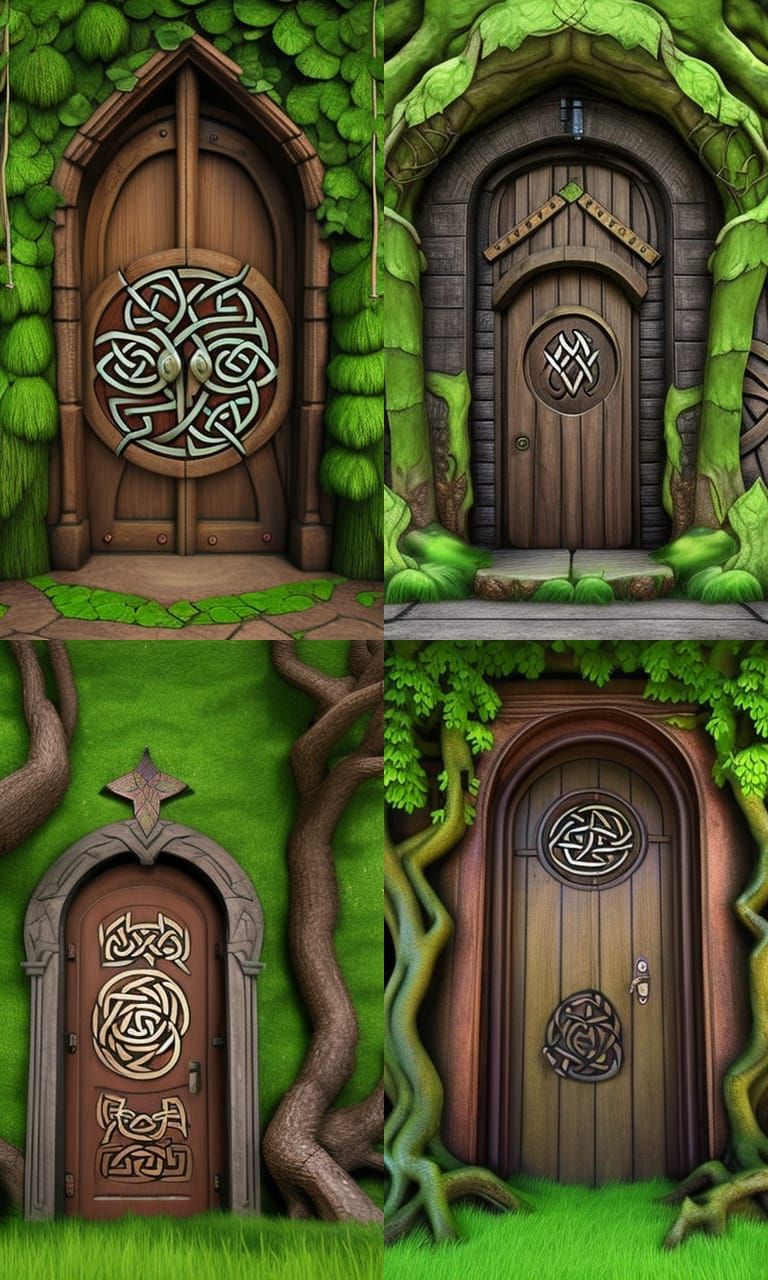 Celtic Runed Door with Green Branches, 3D Render