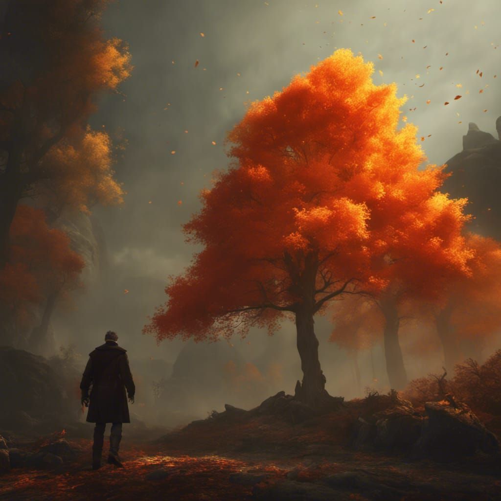 Autumnal Scene with Figure, Detailed Matte Painting