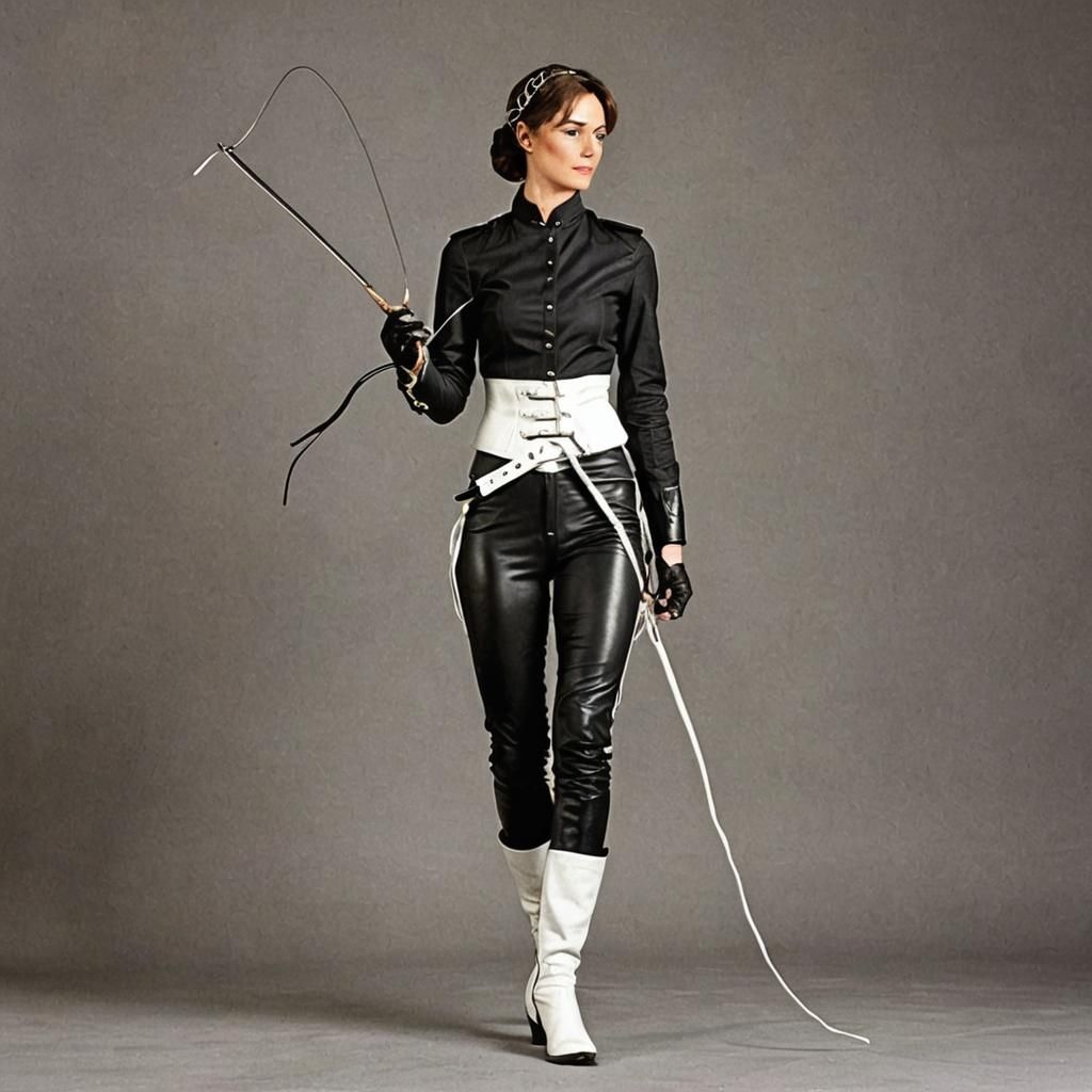Dominatrix in Black and White Leather with Riding Whip