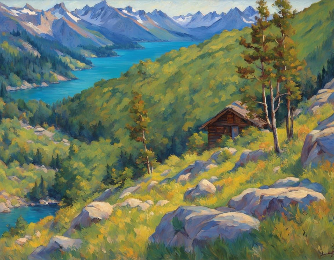 Impressionist Swiss Alps Landscape: Mountain Saddle View