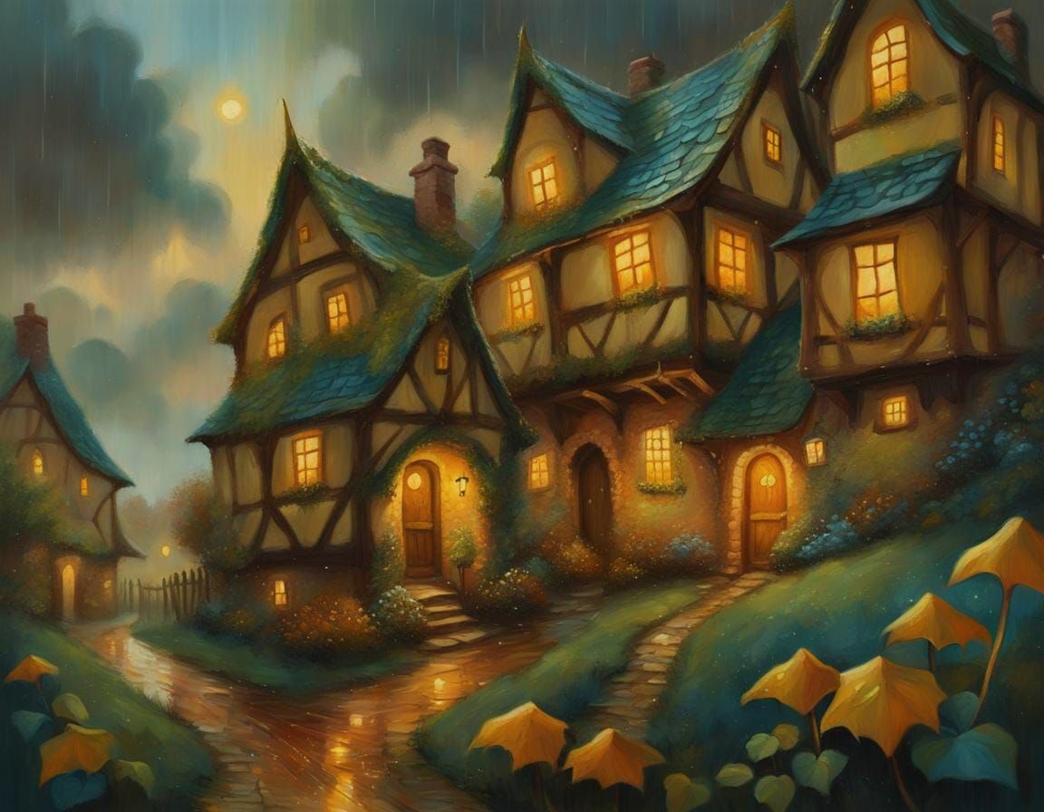 Rainy Autumn Evening in Elf Village Painting