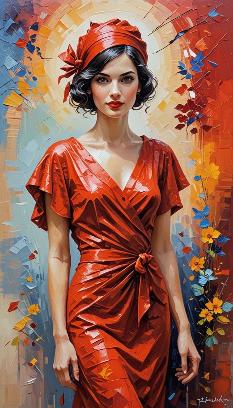 Confident Woman in 1930s Red Dress, Neo-Impressionist Style