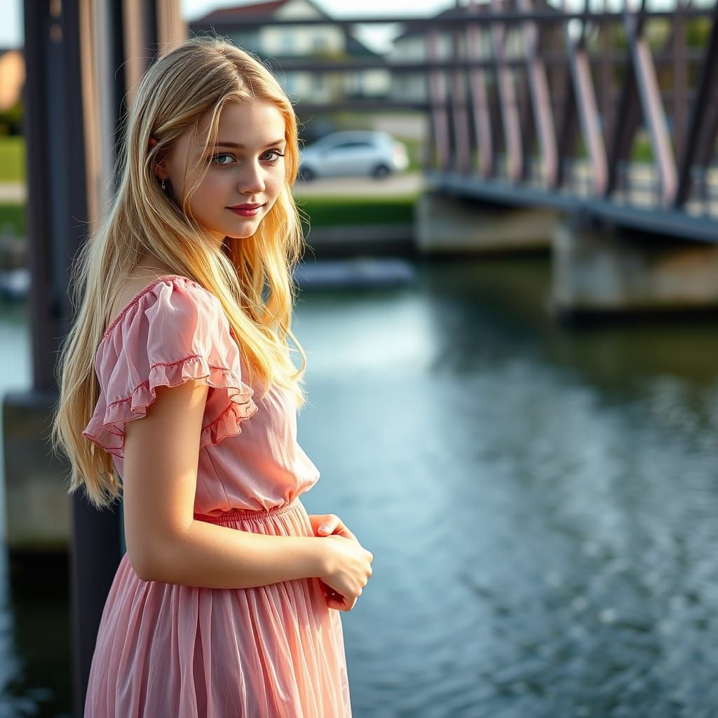 A Young Woman Stands at a Bridge in a Photo-Realistic Style
