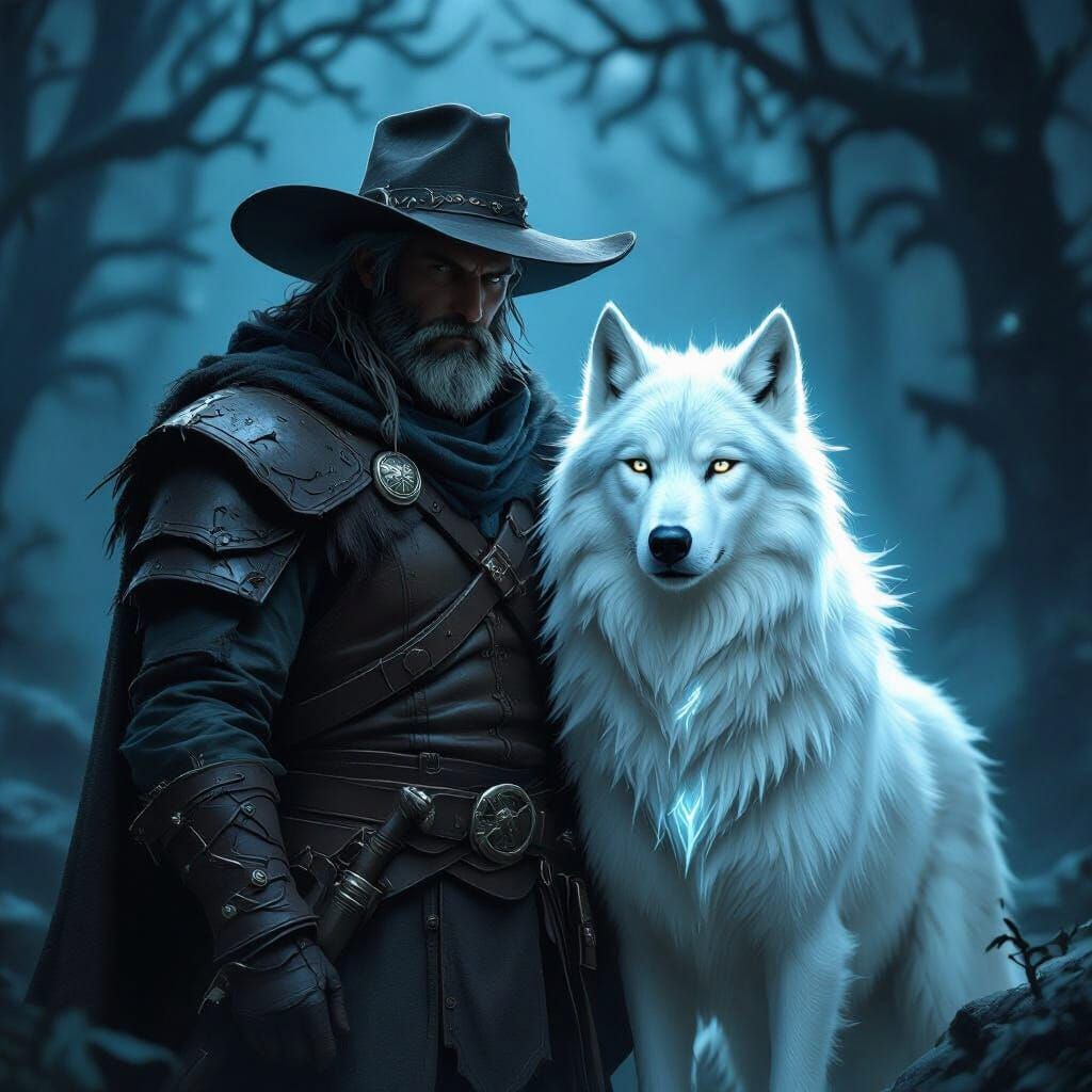 Mysterious Ranger and Glowing Wolf in Dark Fantasy Art
