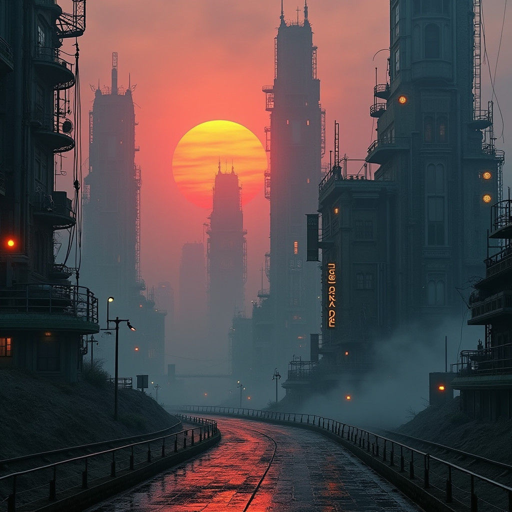 Dystopian Metropolis at Dusk in Cyberpunk Style