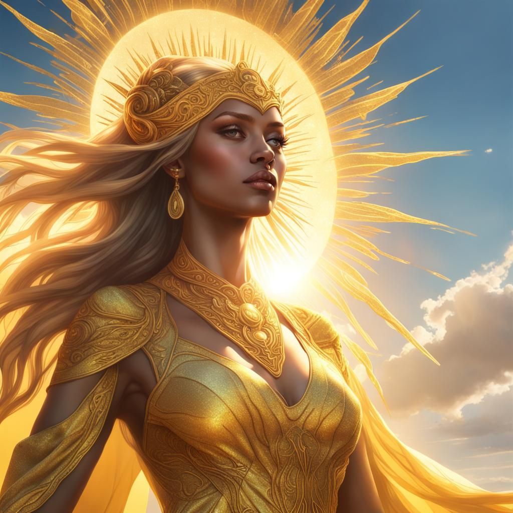 Golden Sun Goddess Portrait in Hyperdetailed Style