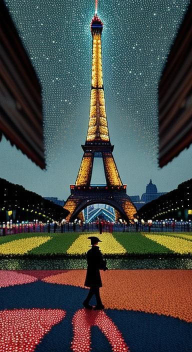 Eiffel Tower Landscape in Pointillism Style