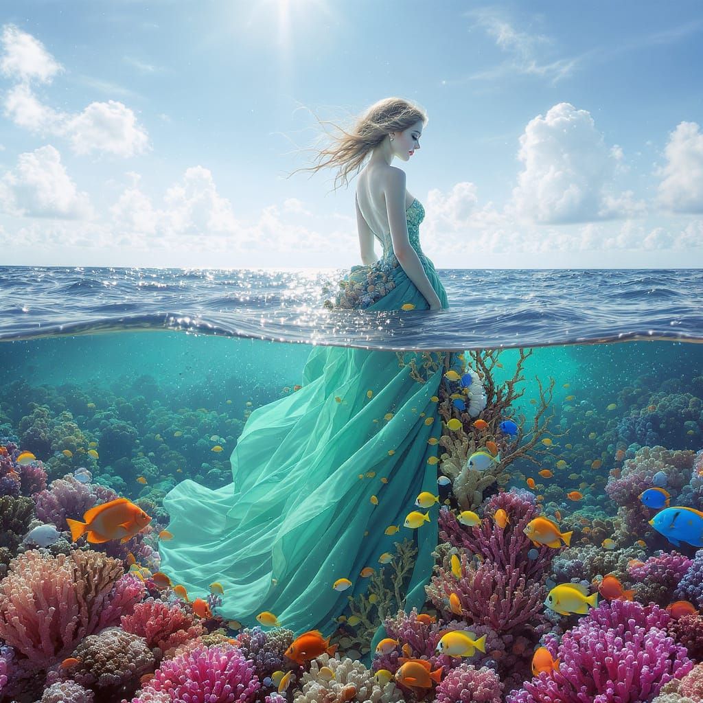Surreal Woman Merges with Coral Reef