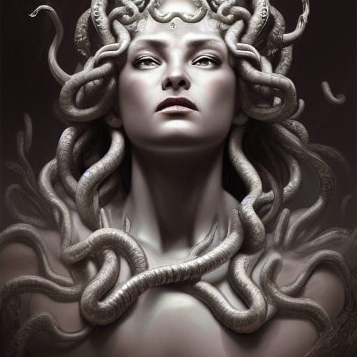 Silver Medusa Statue Portrait in Dark Fantasy Style
