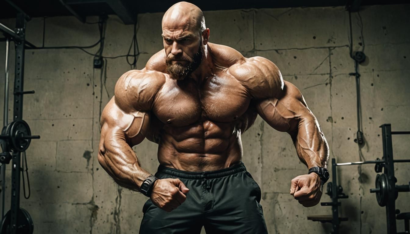 Cinematic Image of Bald Man Flexing Biceps