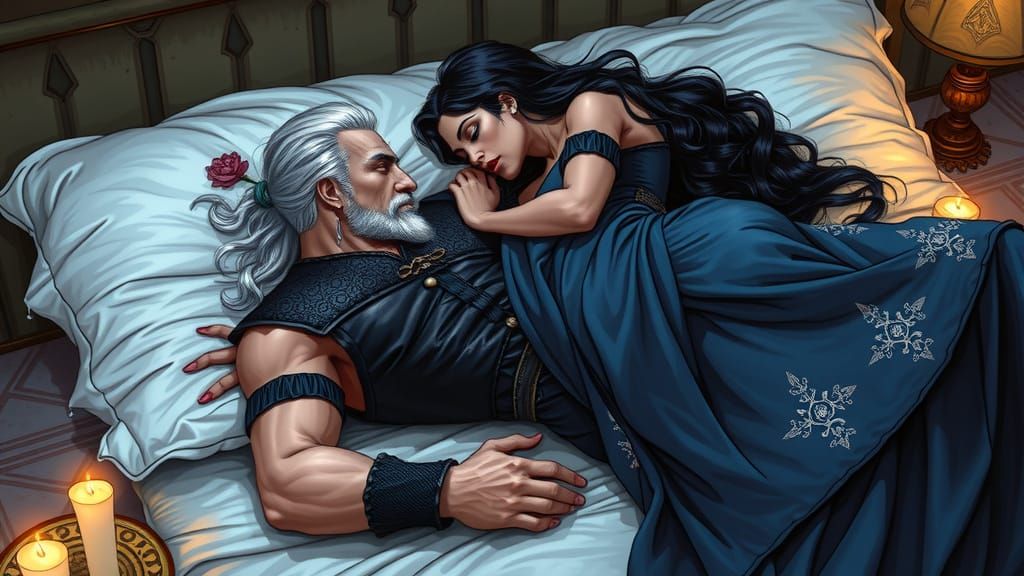Geralt and Yennefer in a Romantic Hyper-Realistic Comic Book...