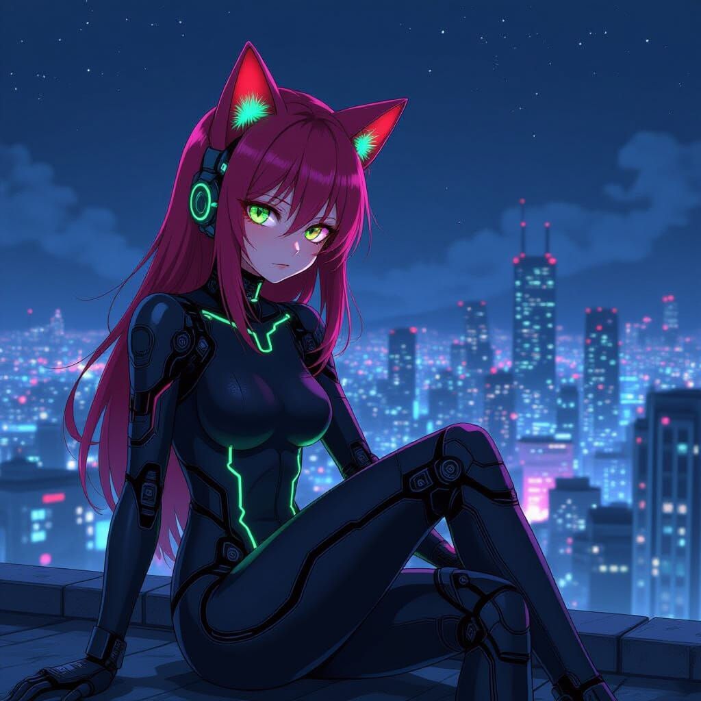 Melancholic Cyberpunk Cyborg Overlooking Neon City