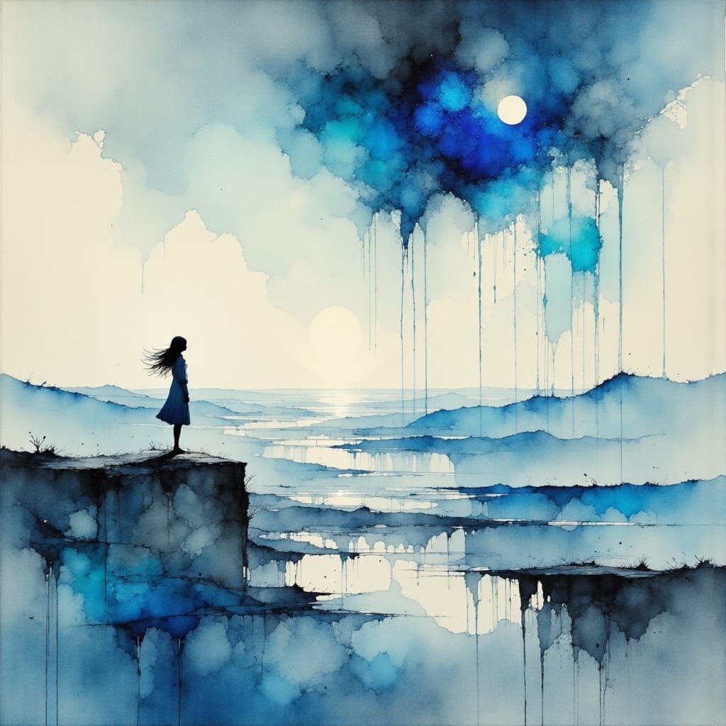 Lonely Figure in Melancholic Landscape with Watercolor and I...