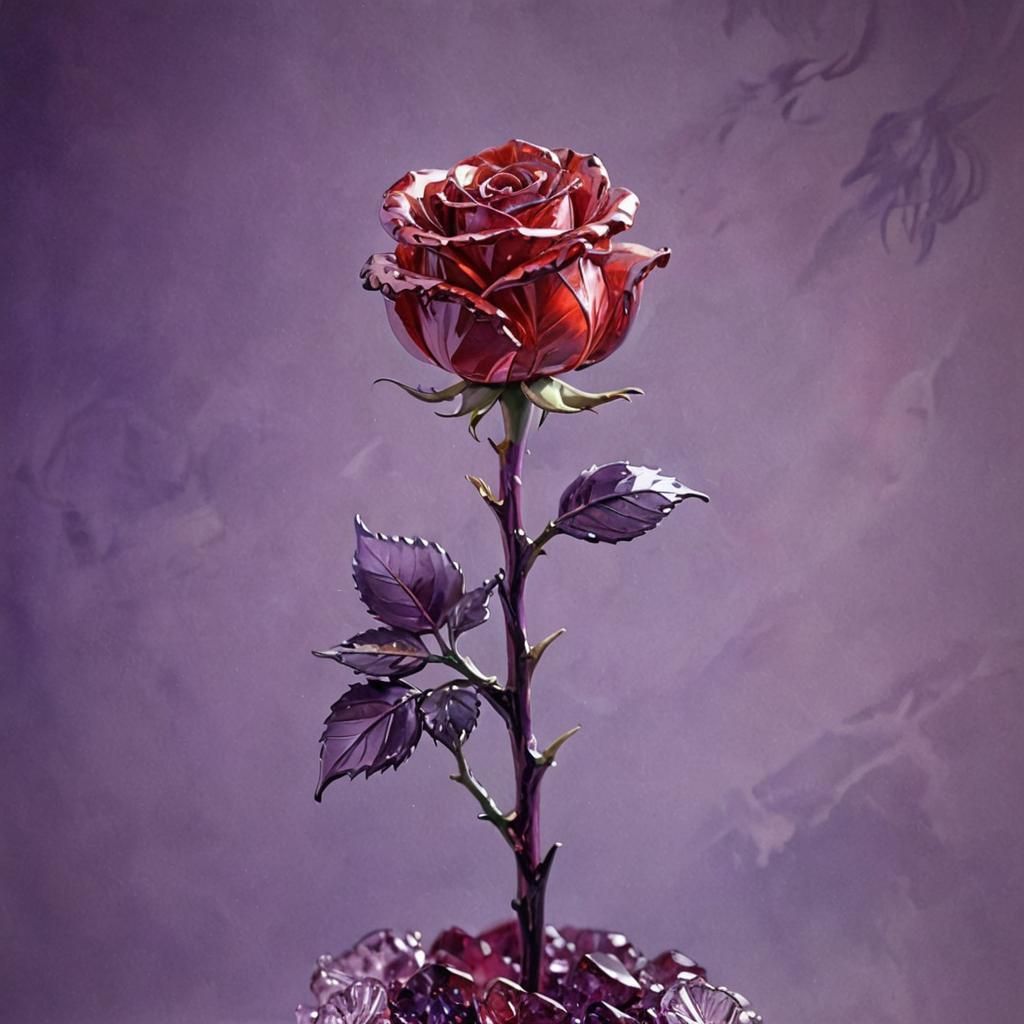 Red Crystal Roses with Purple Gems as Impasto Gouache
