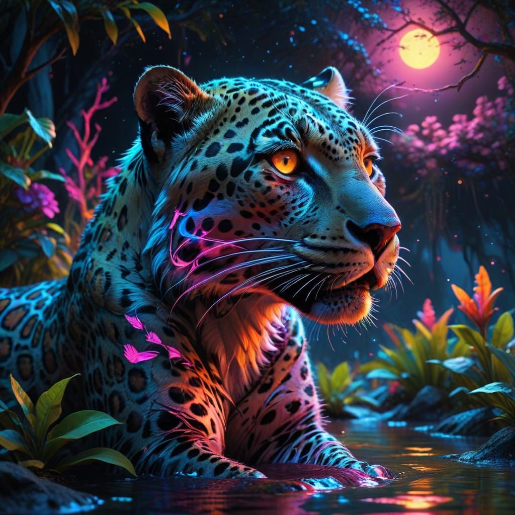 Neon Leopard Drinks at Luminous Waterhole Under Dreamlike Mo...