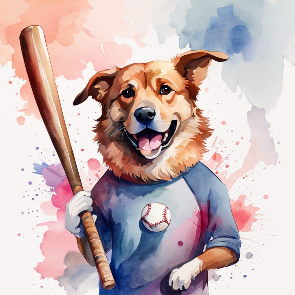 Dog with Baseball Bat: Watercolor Digital Art
