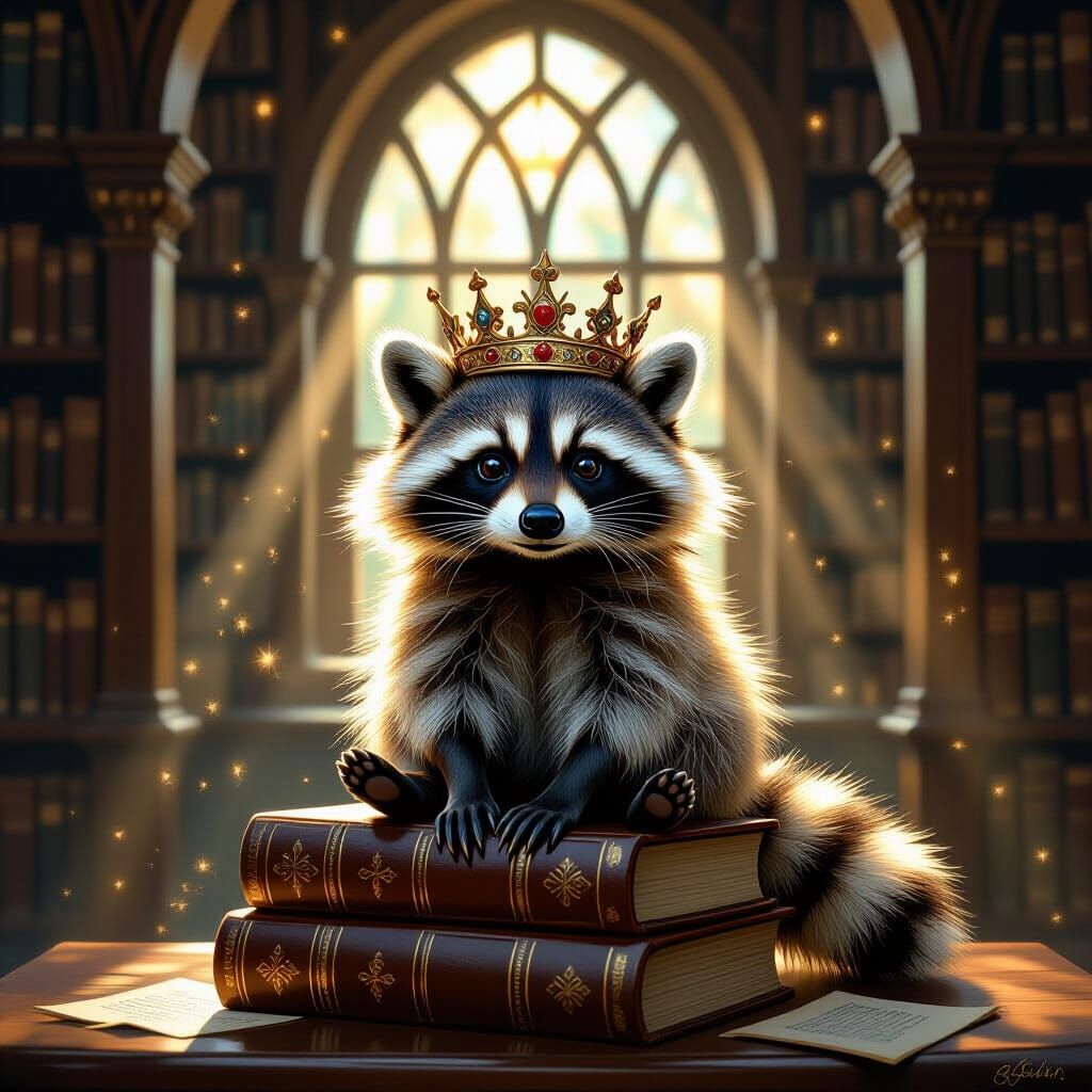 Raccoon King of the Book Stack, Whimsical Illustration