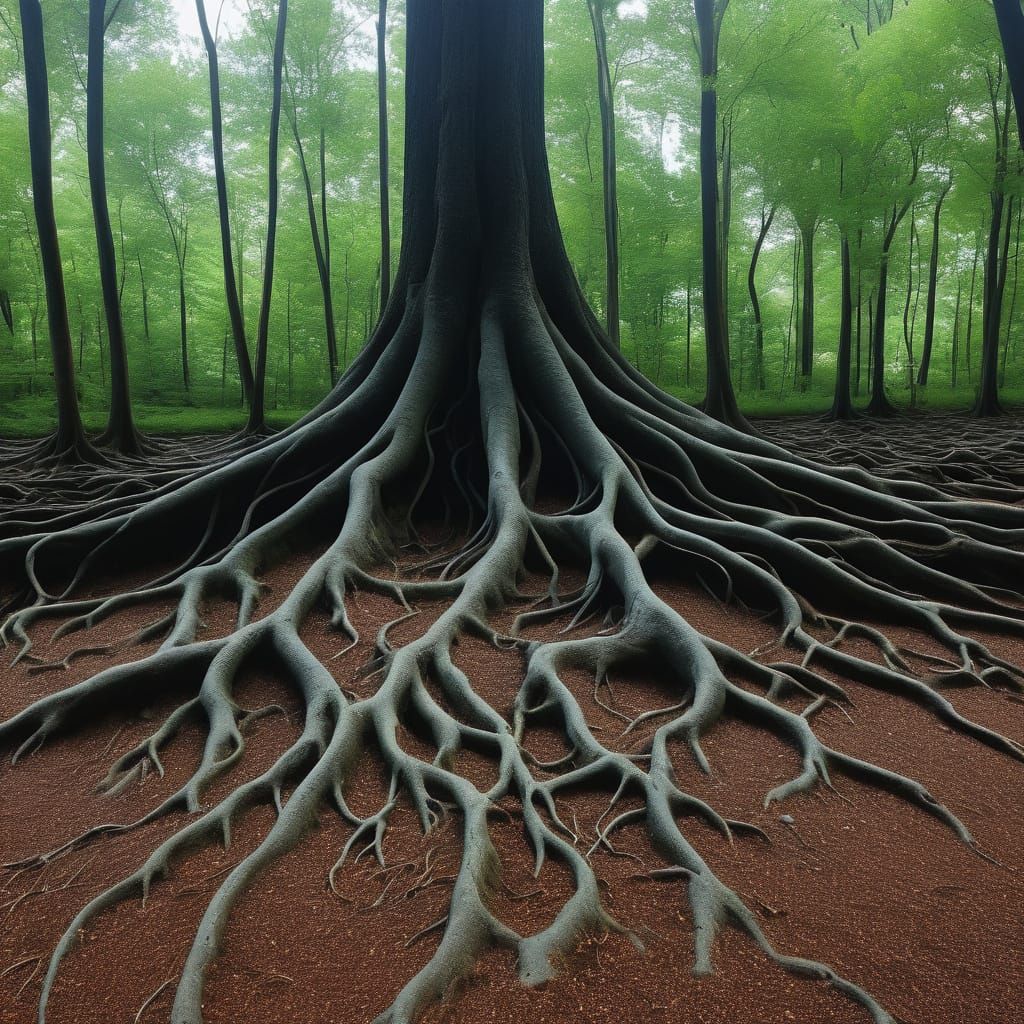 Drifting Tree Roots in Ethereal Landscape