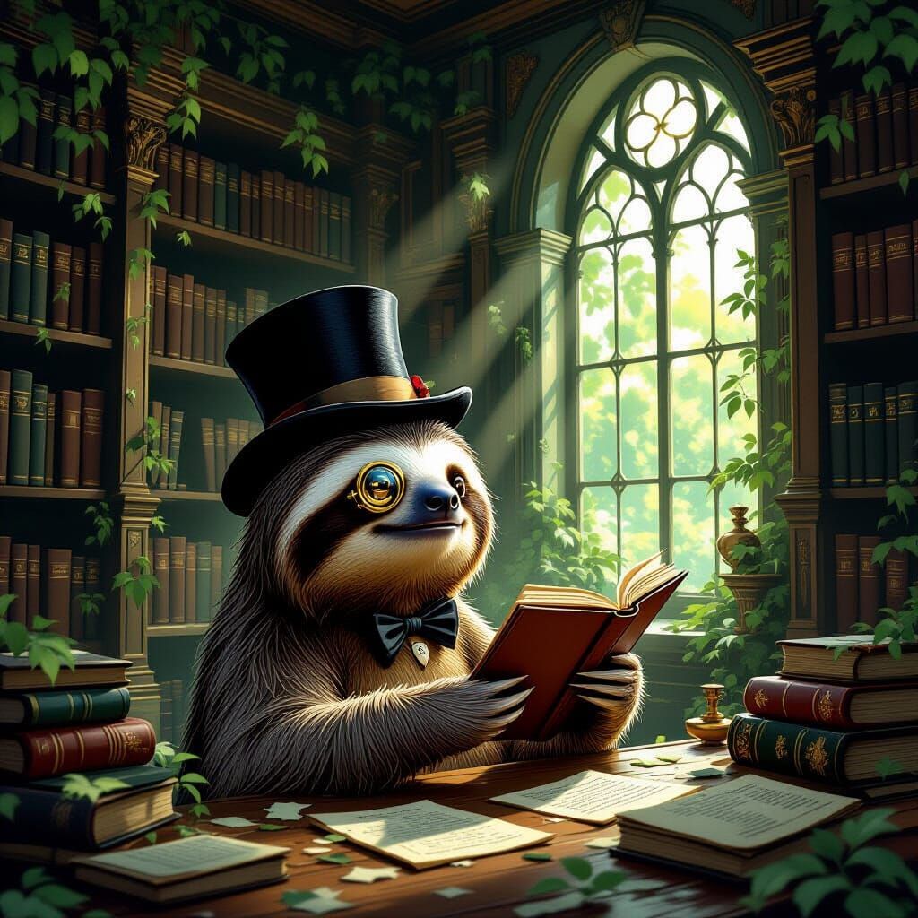 Sloth Explorer in Magical Victorian Library