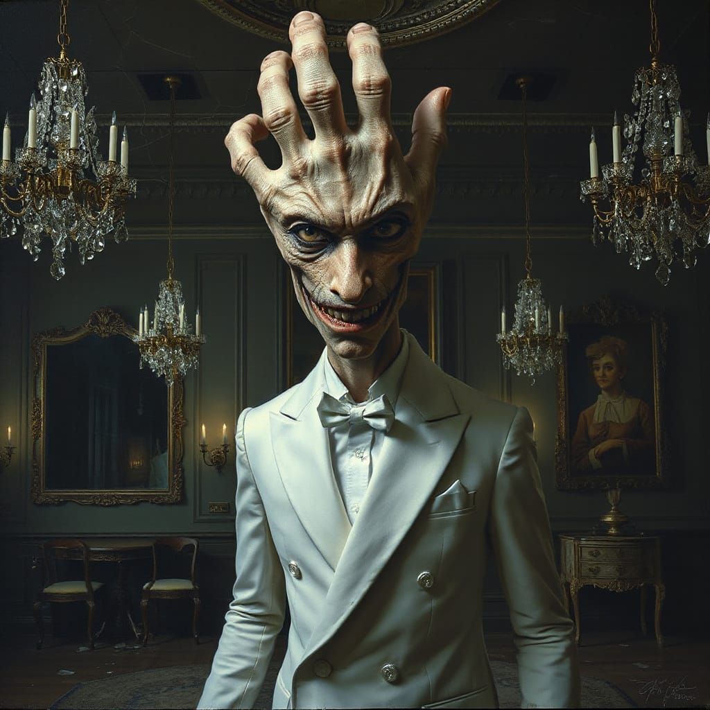 Surreal Figure with Hand Head in Decayed Ballroom