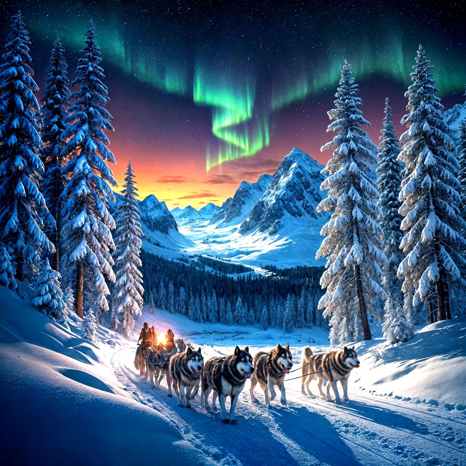 Winter Wonderland Sled Team Rides Under the Northern Lights