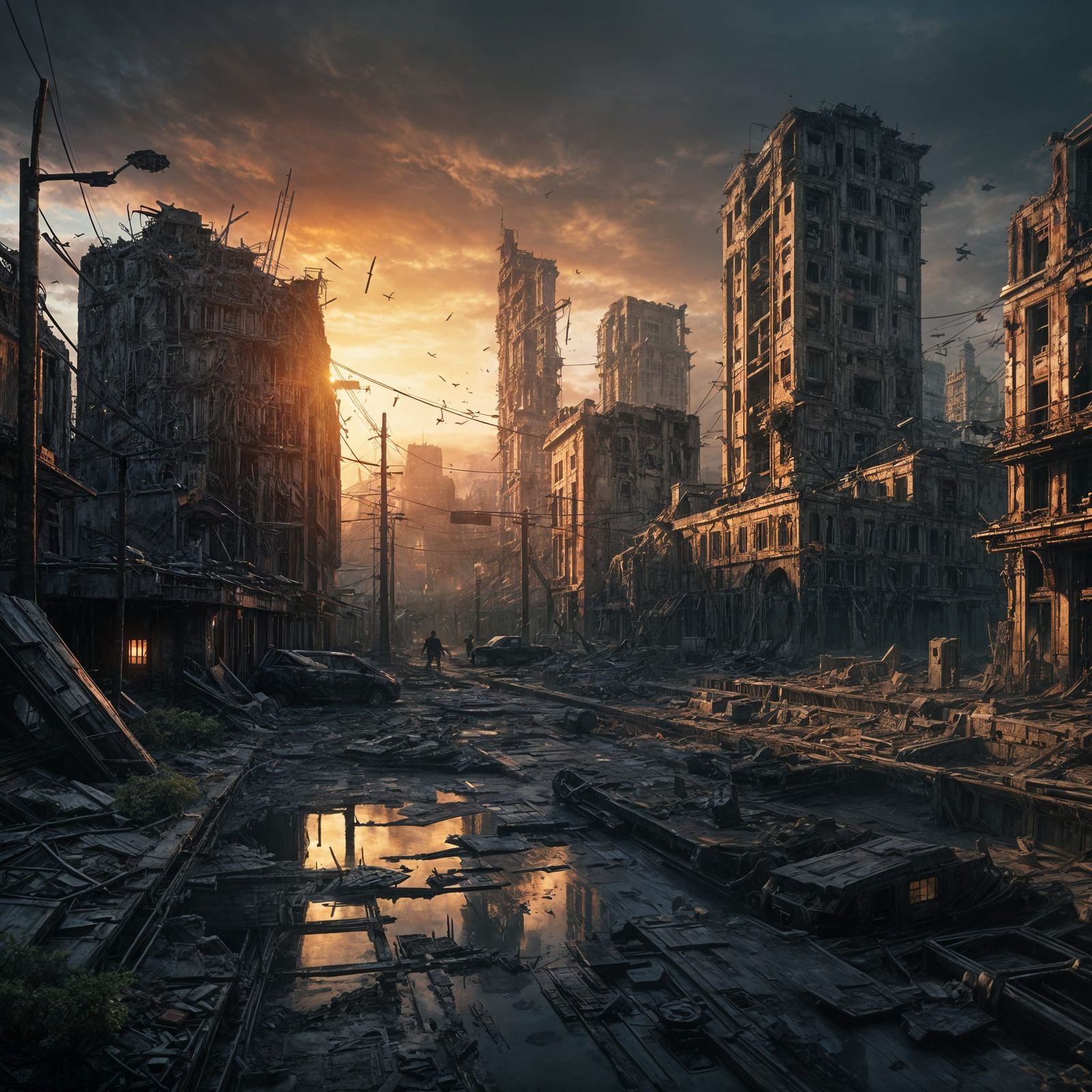 The death of hope, sunset over an abandoned dystopian city, gloom, and decay, detailed matte painting, deep color, fanta...