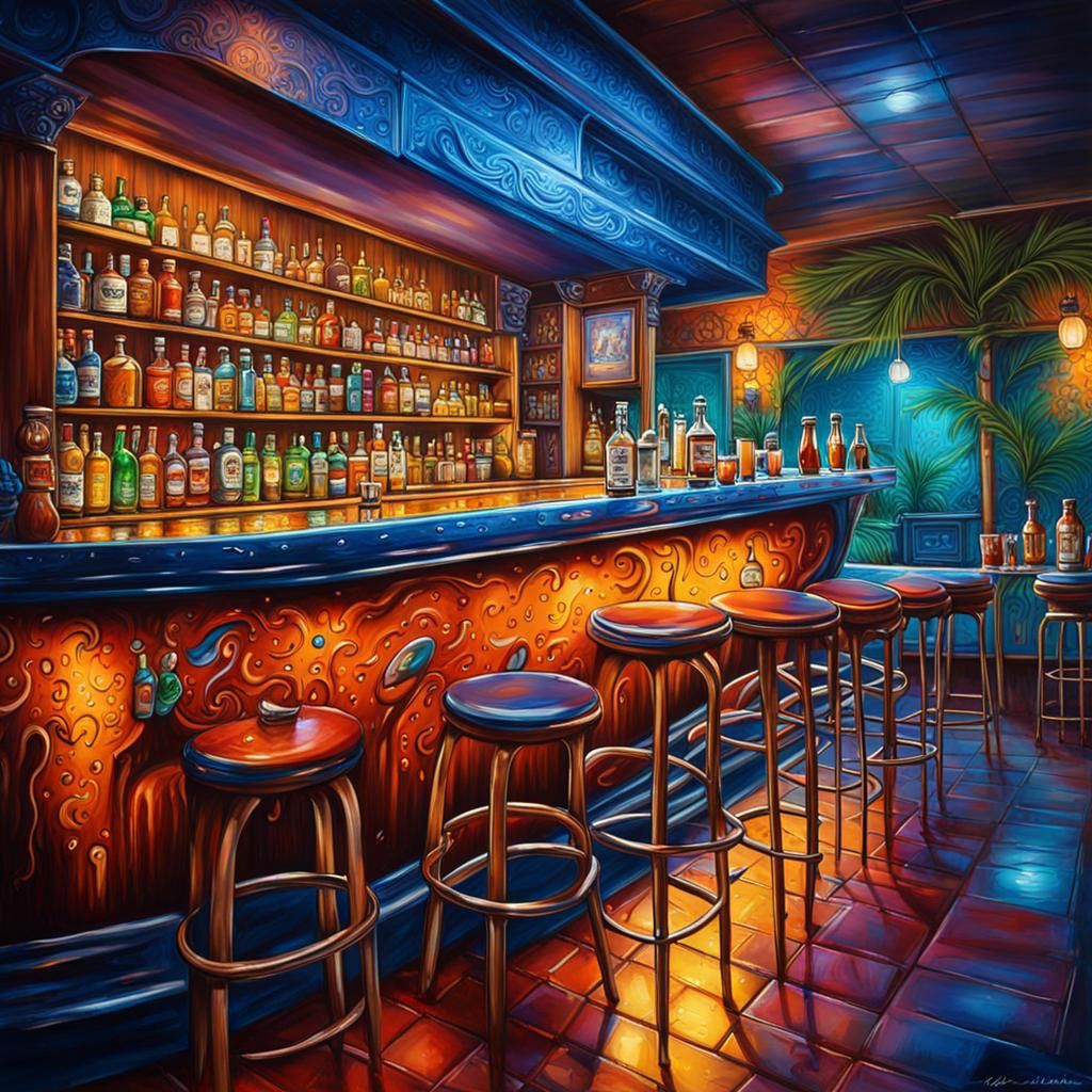 Caribbean Bar Interior with Rum, Macro Photography