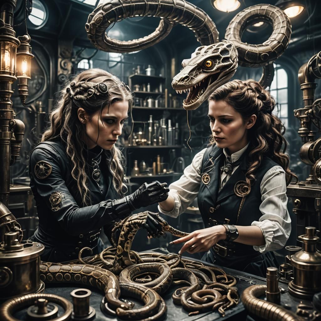 Biomechanical Steampunk Venom Extraction in Dark Laboratory