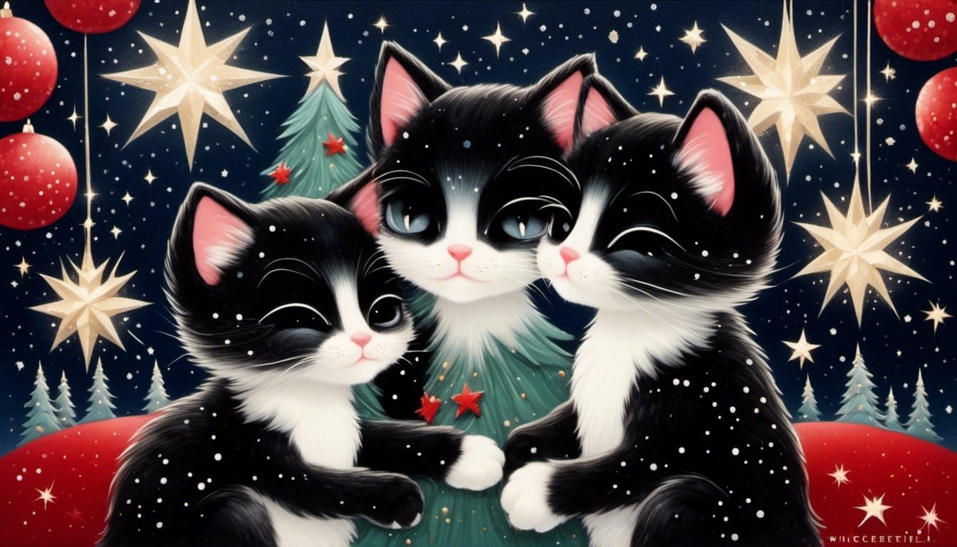 <lora:Glitter and Diamonds:1.0> two black,white chibi kitten...