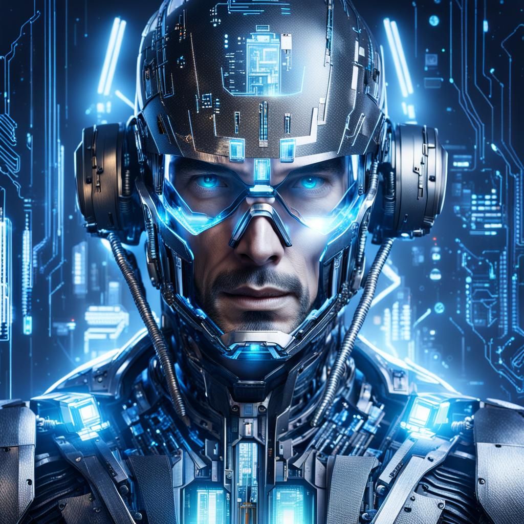 Hologram Man in Futuristic Cityscape, Technologic Style